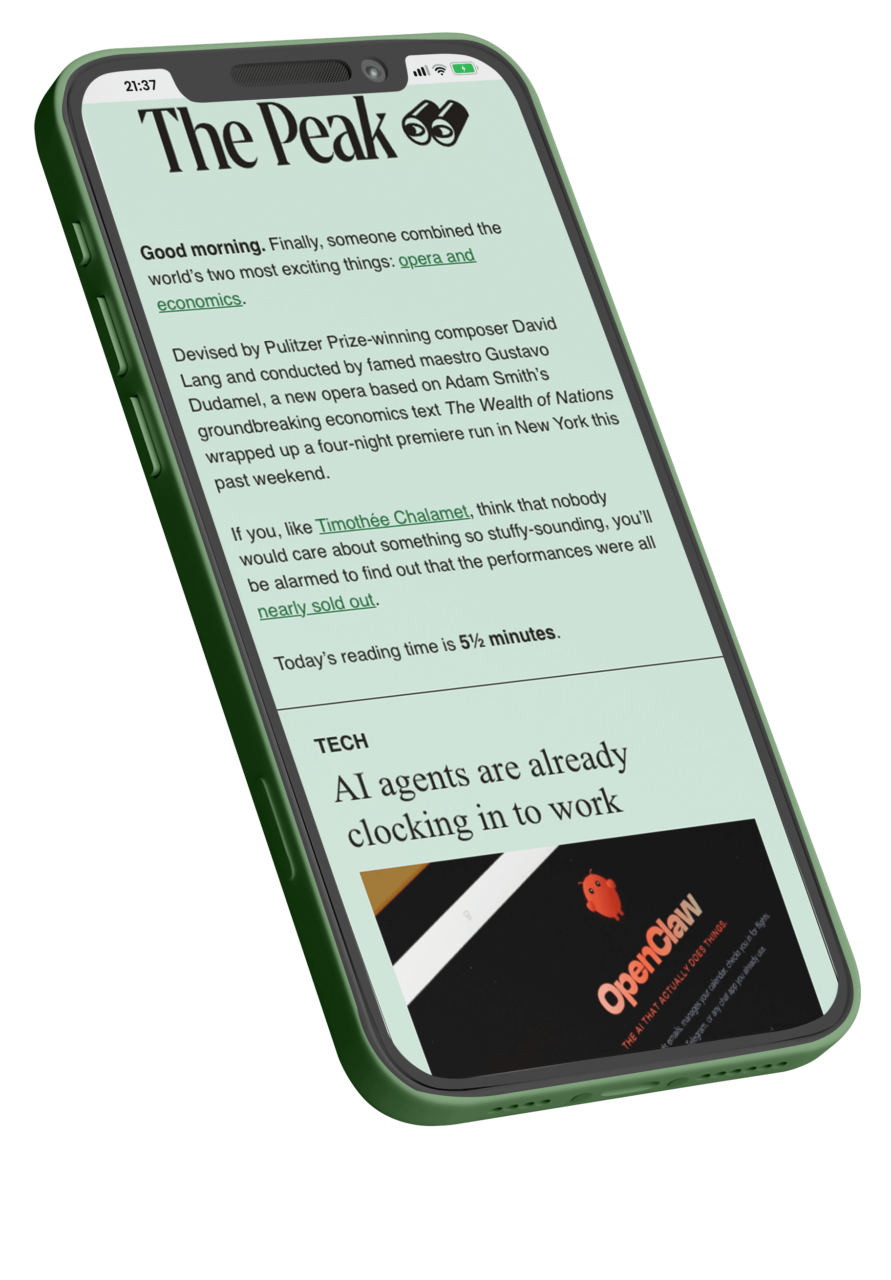 The Peak newsletter on a phone